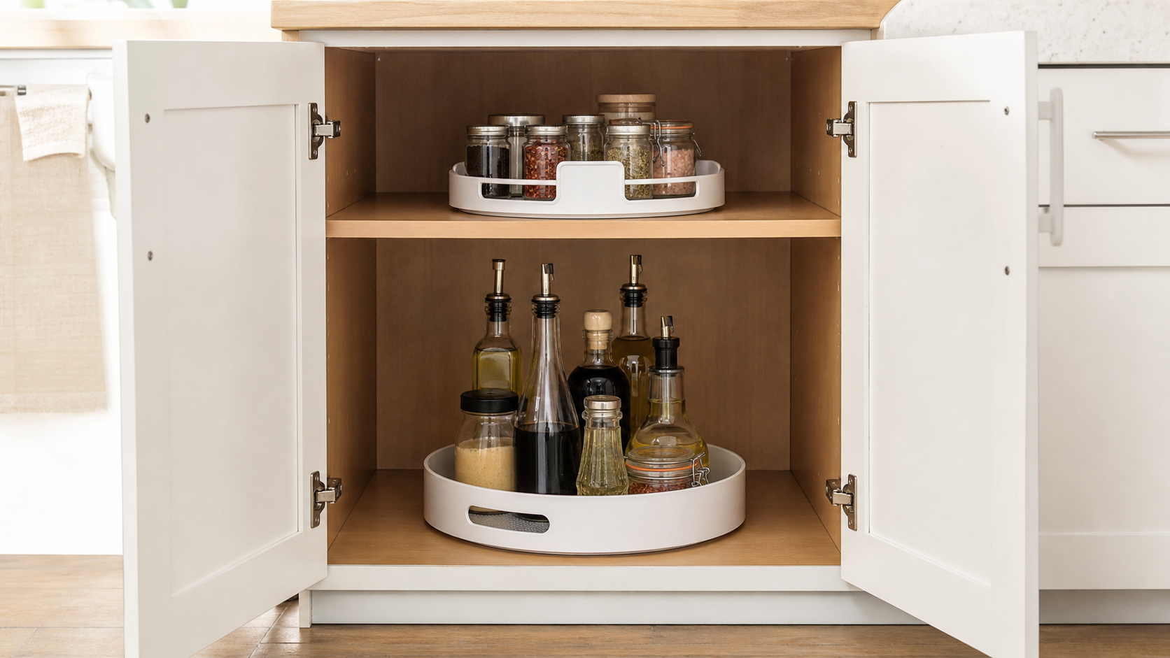 Single-tier lazy Susan holding oil bottles and a divided turntable holding jars inside a deep kitchen cabinet