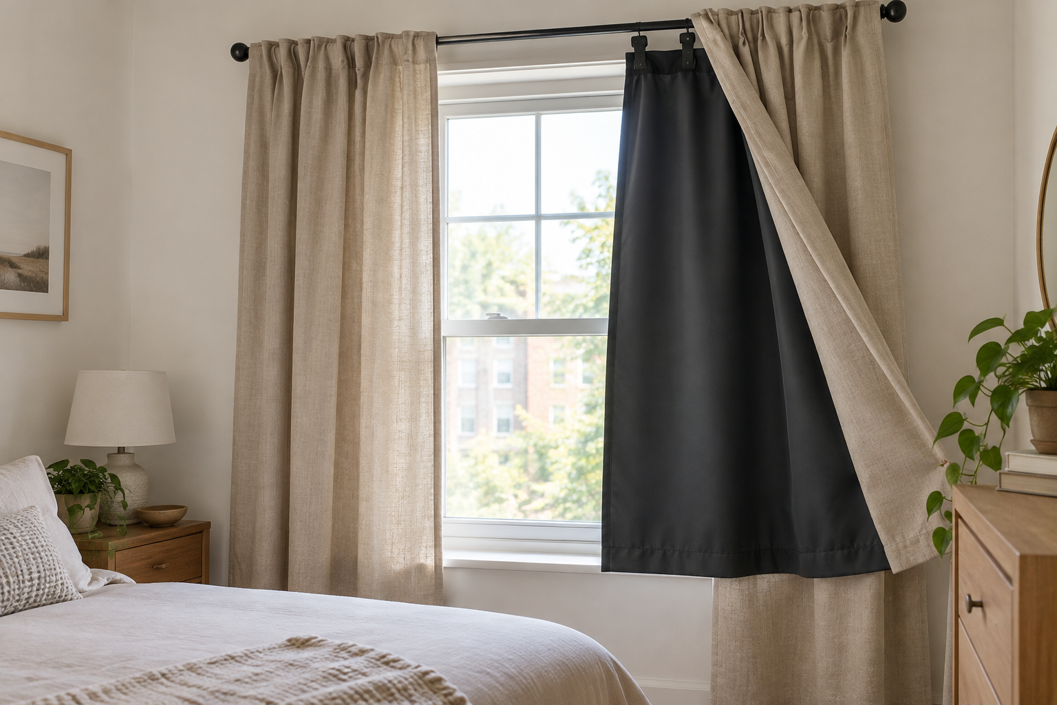 Charcoal light-blocking liner clipped behind beige curtains on an apartment bedroom window, showing the attachment points and uncovered window edge