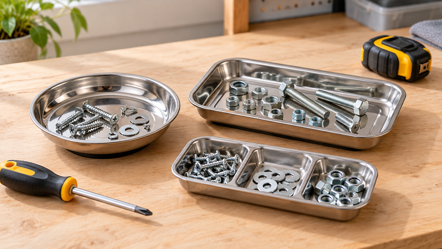 Round, rectangular, and divided stainless-steel magnetic parts trays holding sorted screws, washers, nuts, and bolts on a home workbench