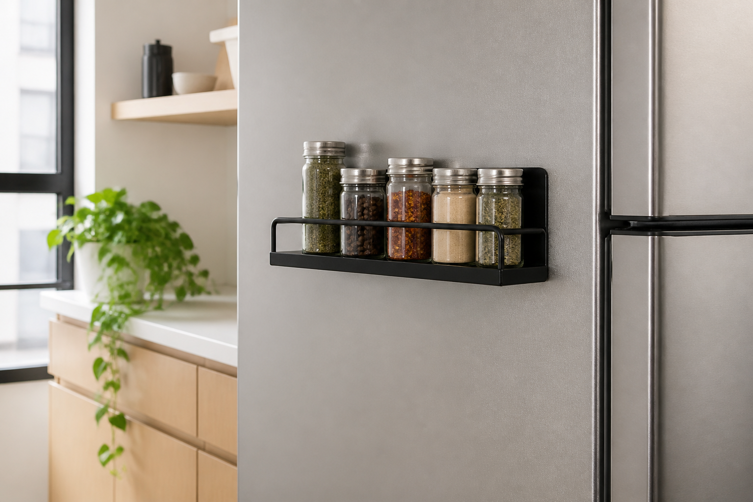 Black magnetic spice shelf holding unlabeled jars on the steel side of a refrigerator in a small kitchen