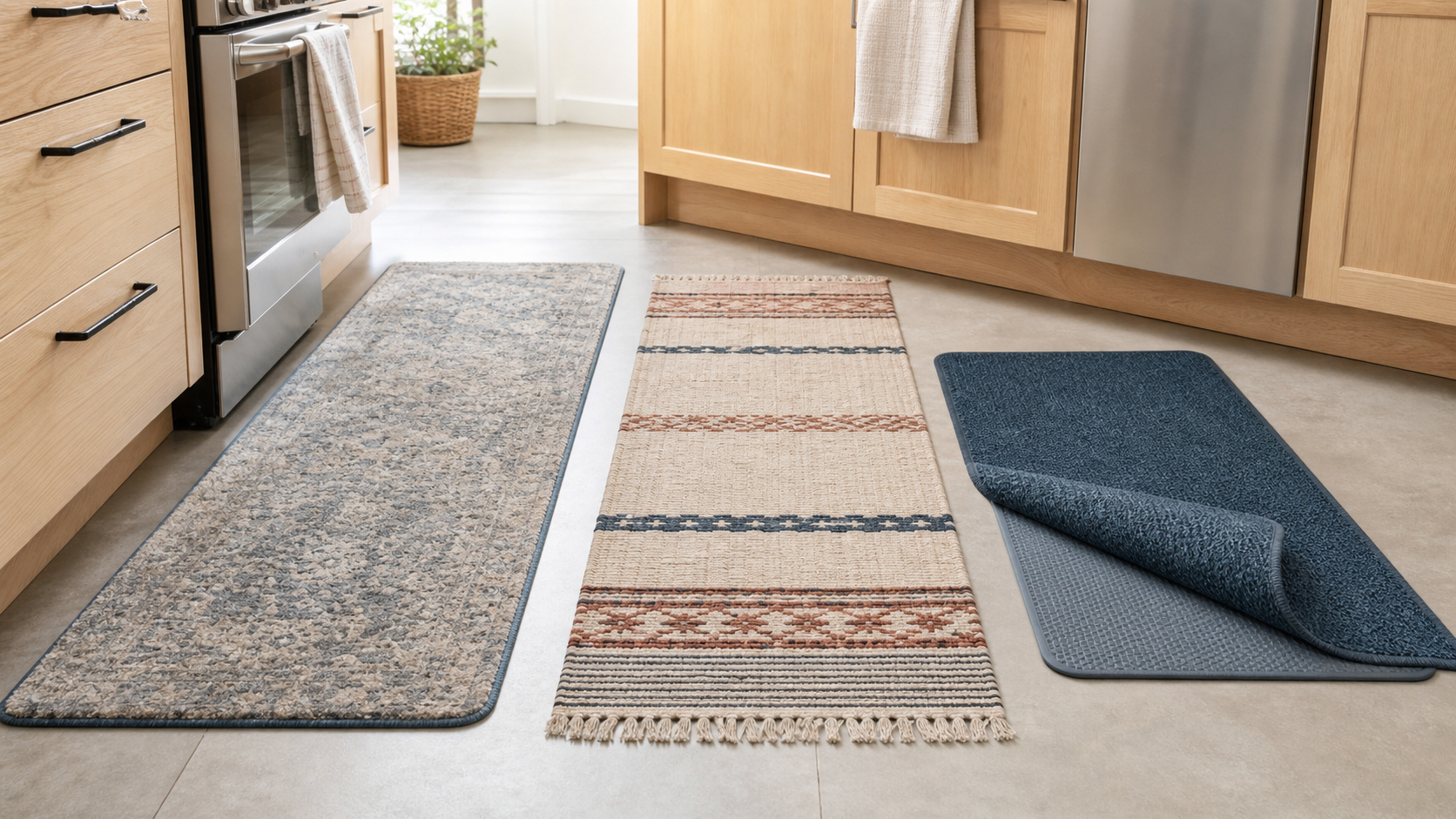 Low-pile synthetic, flatwoven cotton, and removable-top washable rugs arranged on a hard kitchen floor to show differences in texture, pile, and backing