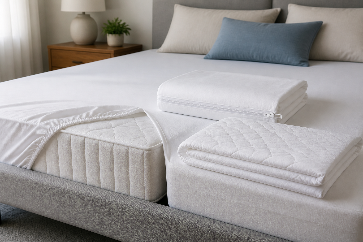 Fitted, zippered encasement, and quilted pad-style mattress protectors compared on a neutral bed