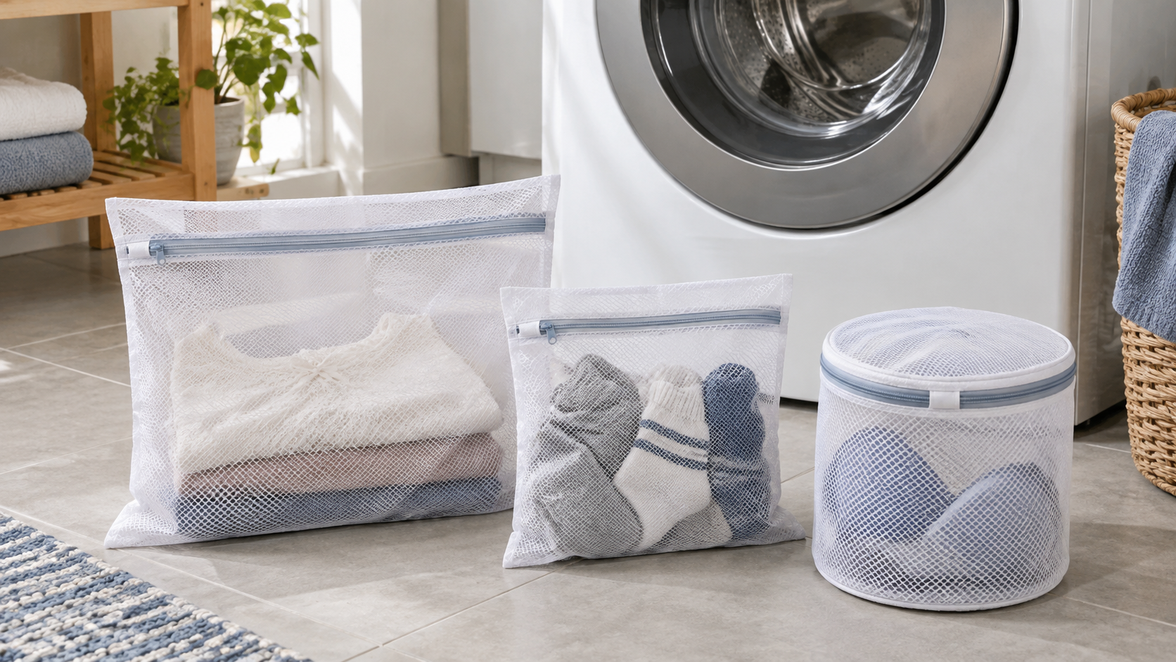 Three unbranded zippered mesh laundry bag formats holding lightweight delicates and socks beside a closed washing machine