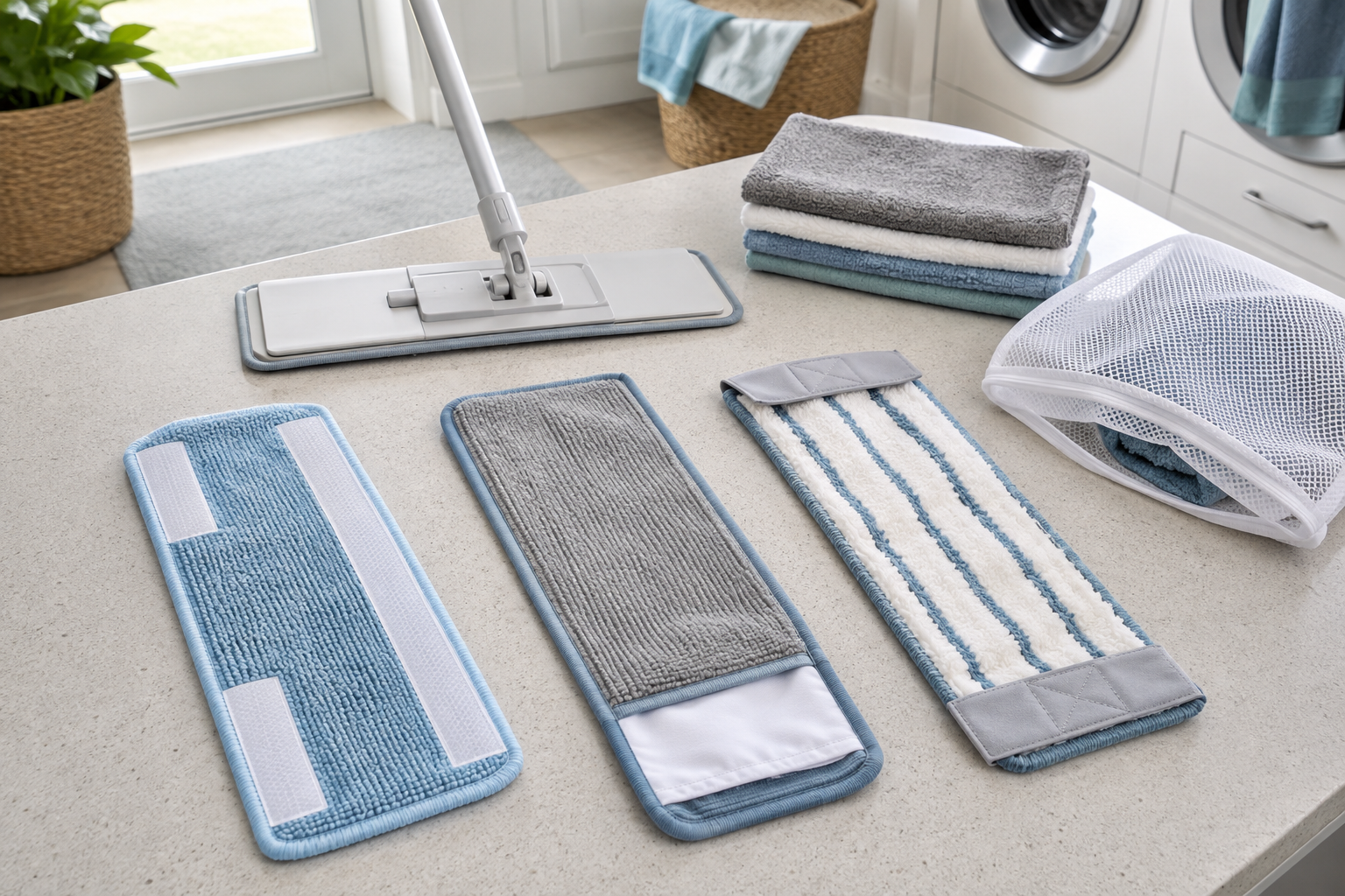 Three unbranded washable microfiber mop pads with hook-and-loop strips, pocket ends, and wraparound tabs beside a flat mop and mesh wash bag
