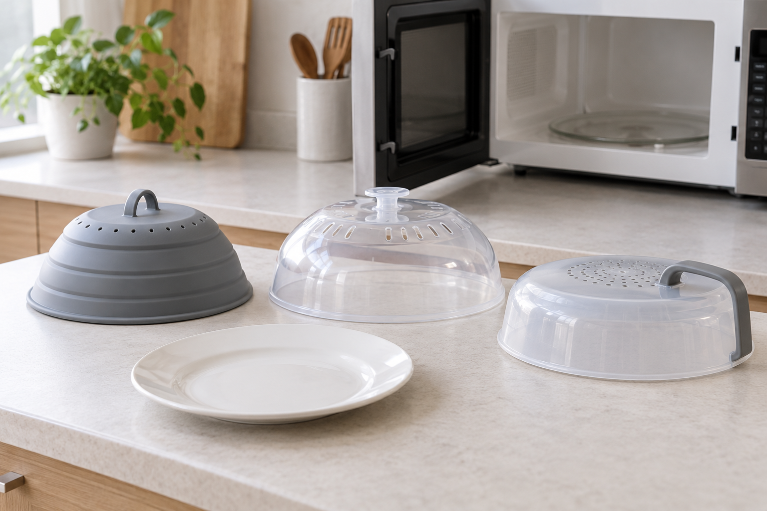 Three unbranded microwave splatter cover formats—a collapsible dome, rigid clear dome, and low handled cover—beside a dinner plate in a compact kitchen