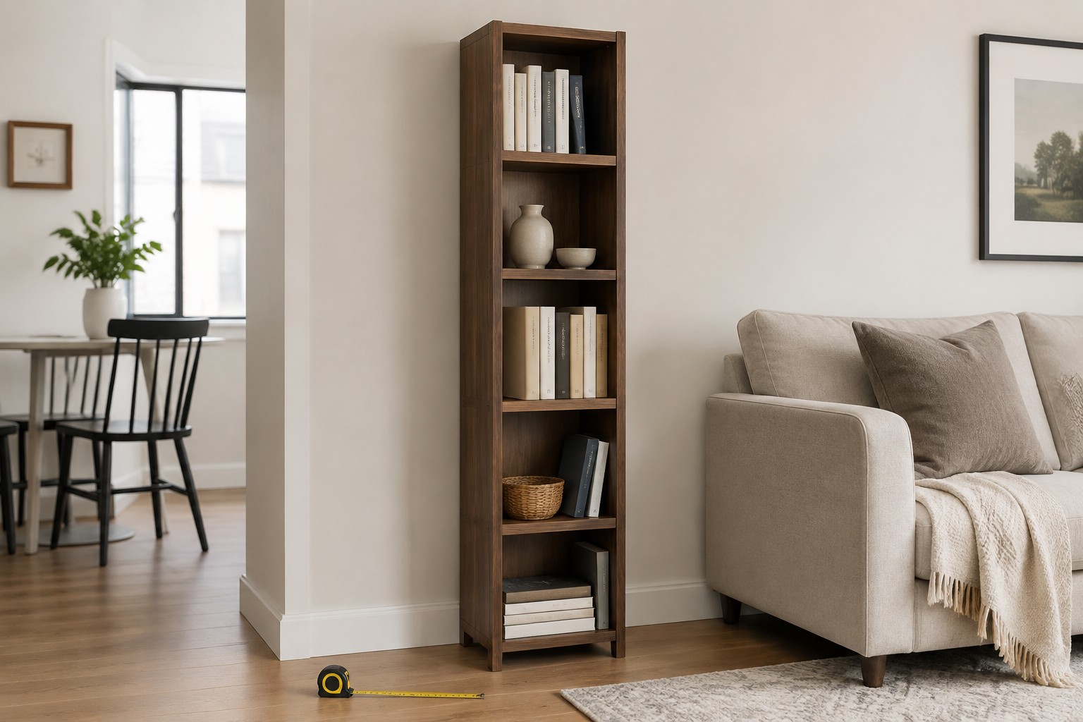 Narrow wood bookcase beside a compact sofa with a tape measure on the living-room floor