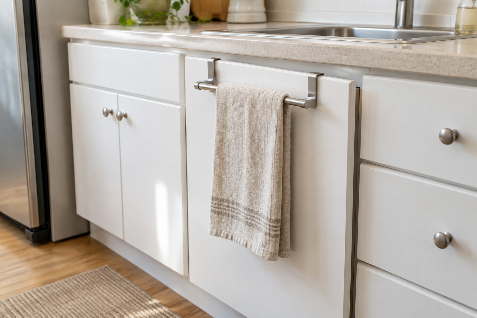 Removable brushed-metal towel bar fitted over a white lower-cabinet door, showing the hanger contact point and towel clearance in a compact rental kitchen