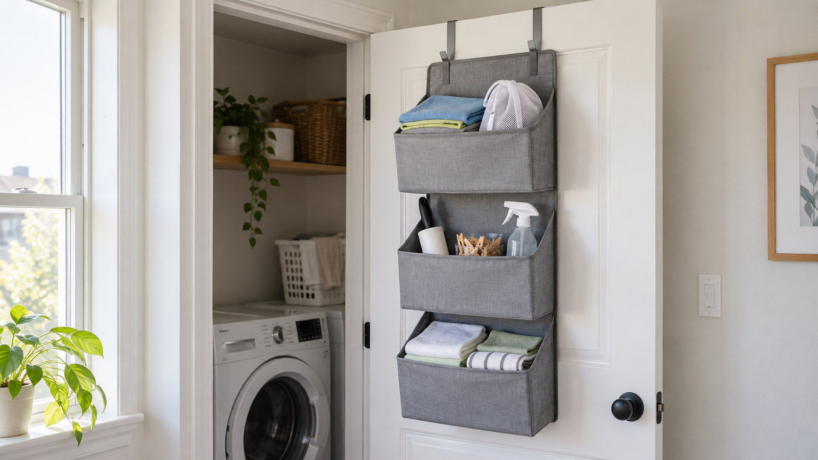 Gray three-basket fabric laundry organizer hanging from padded hooks on an open laundry-closet door and holding cloths, a mesh wash bag, clothespins, a lint roller, and one small spray bottle