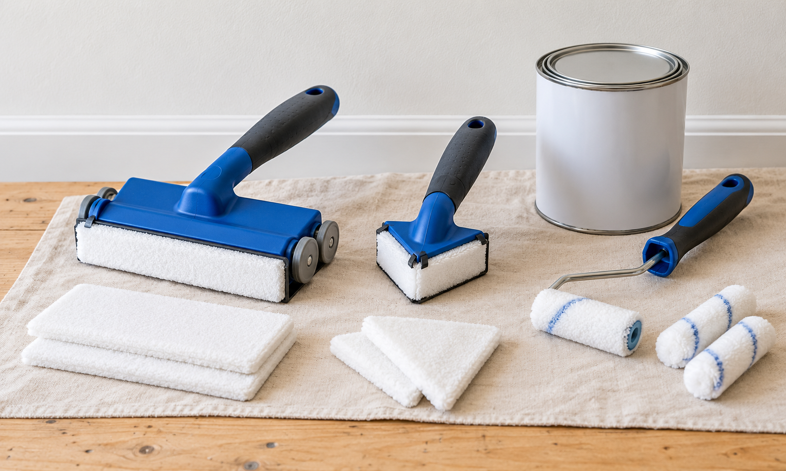 Paint pad edger with guide wheels, corner pad, narrow edging roller, replacement pads, and roller covers on a protected table