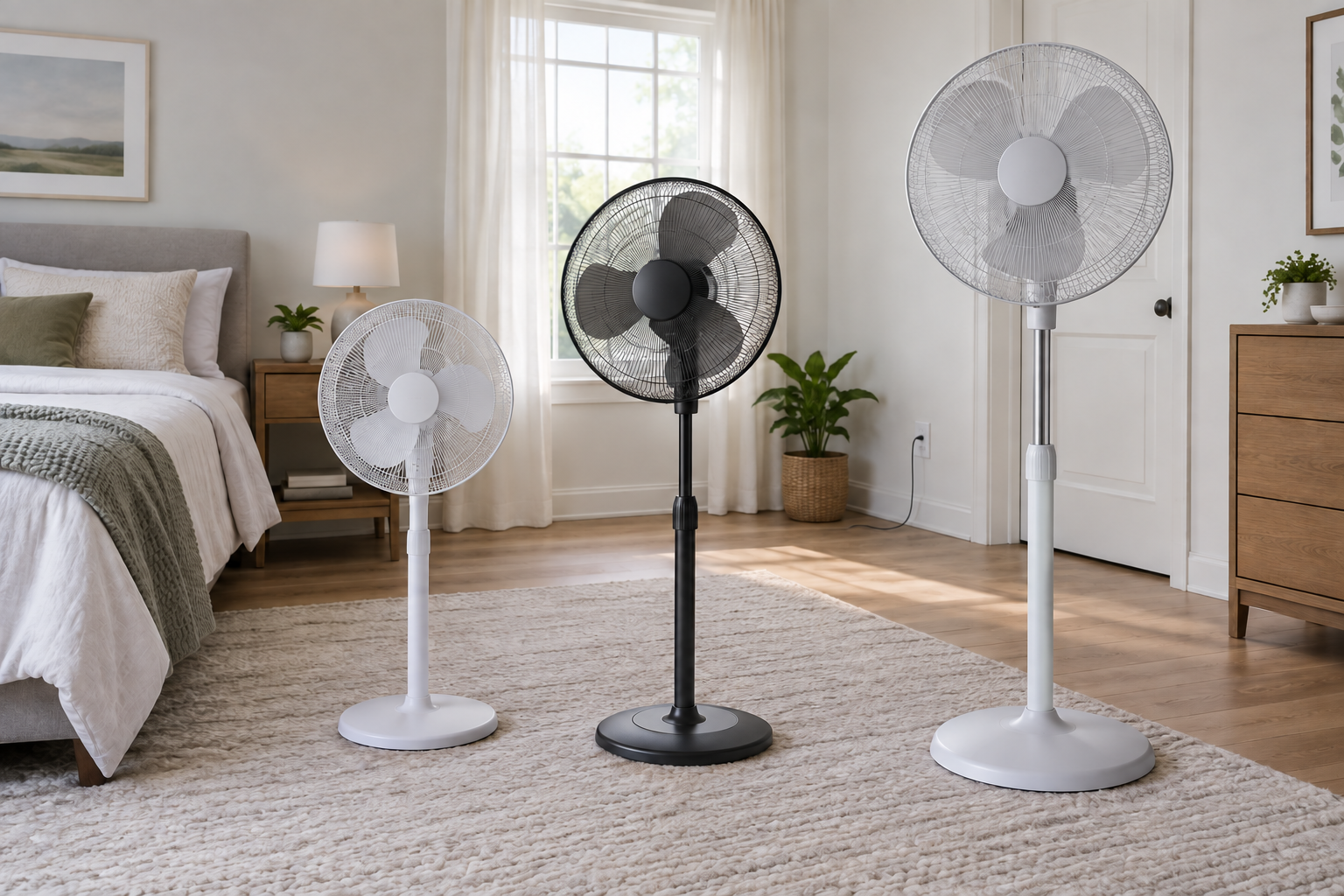 Three unbranded pedestal fans of different heights and base sizes arranged with clear walking space in a bright large bedroom