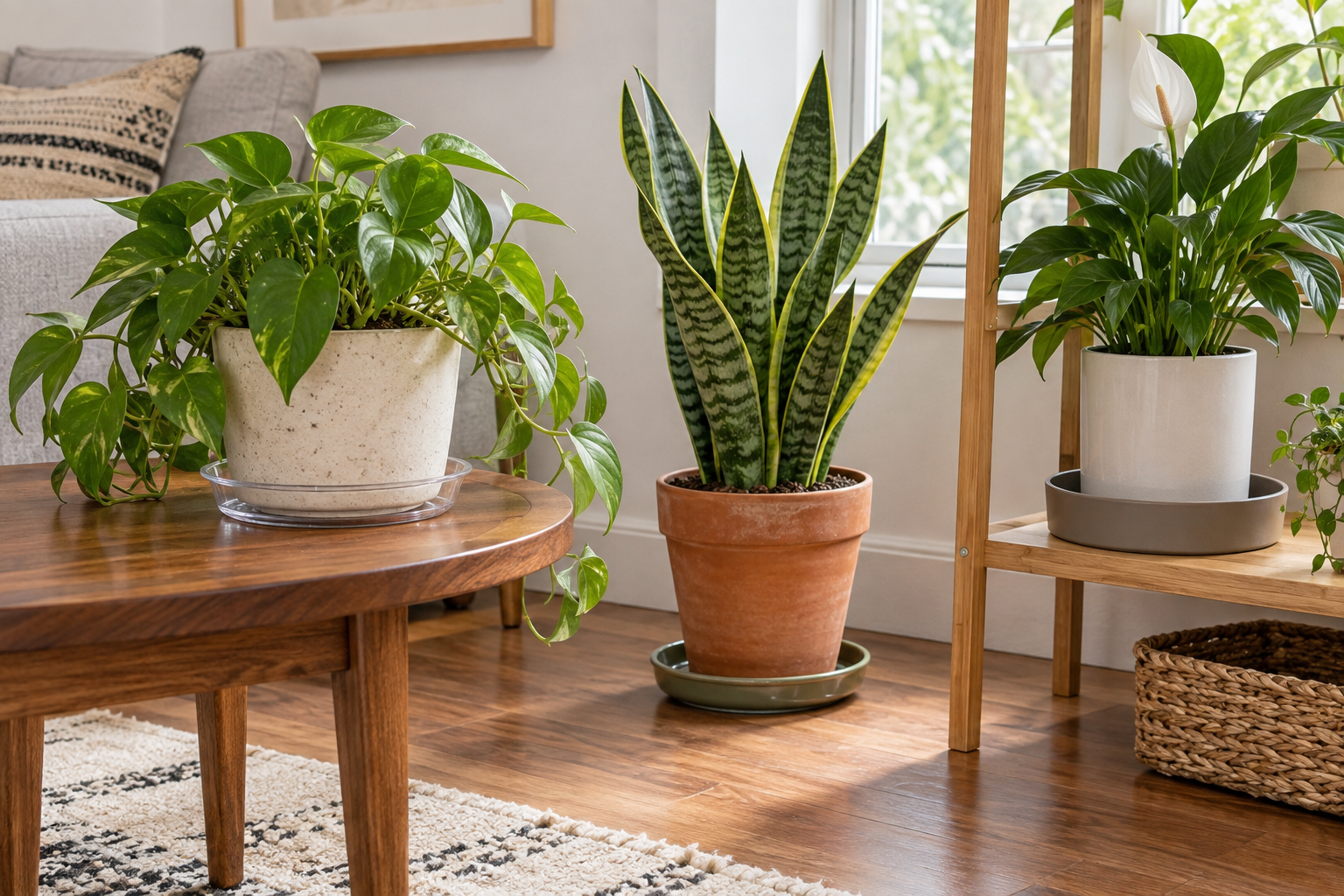 Three indoor potted plants resting in clear, glazed ceramic, and deep neutral plant saucers on wood household surfaces