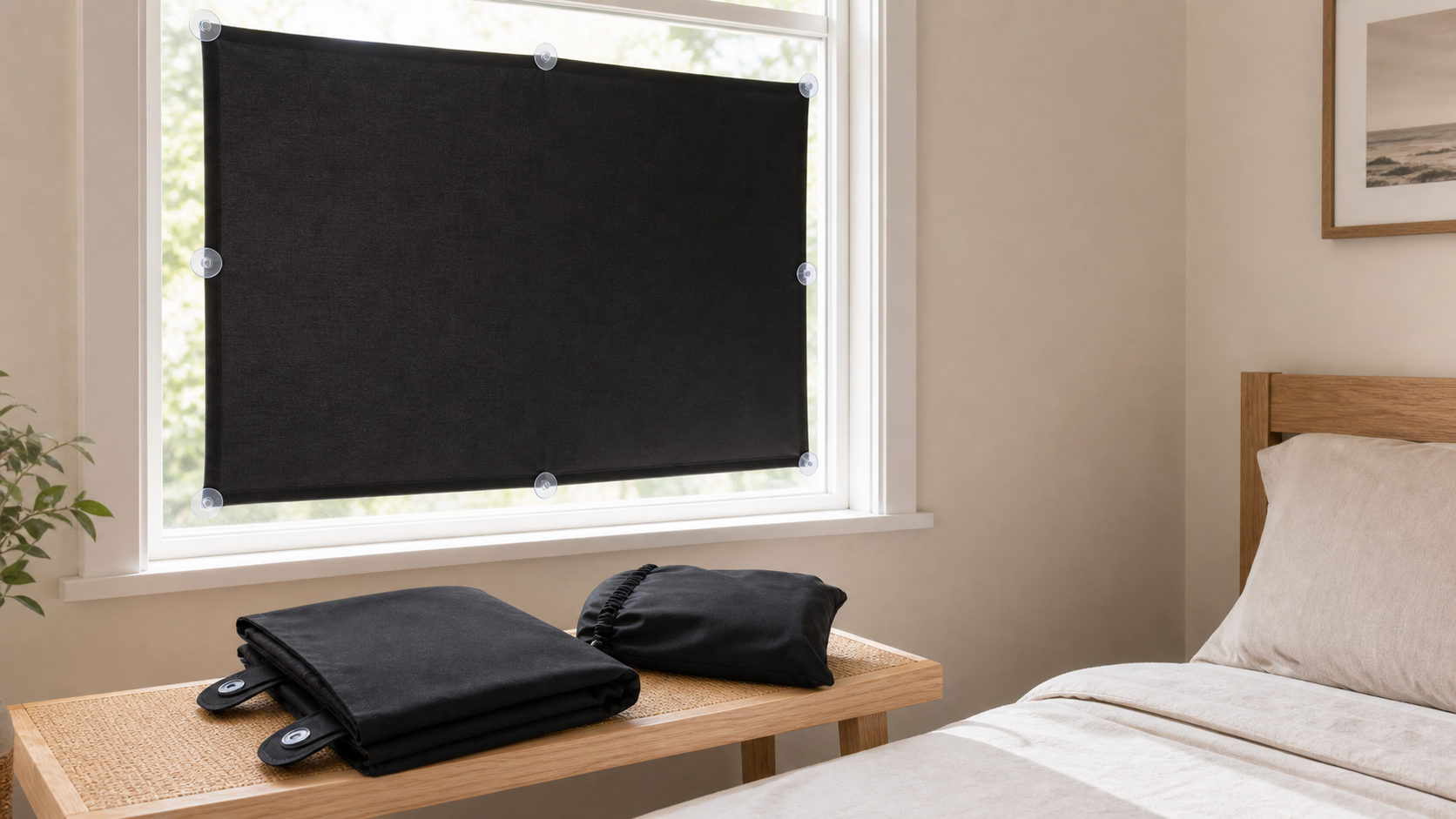 Unbranded portable blackout shade attached to a rental bedroom window with suction cups, with a folded shade and compact storage pouch on a bench