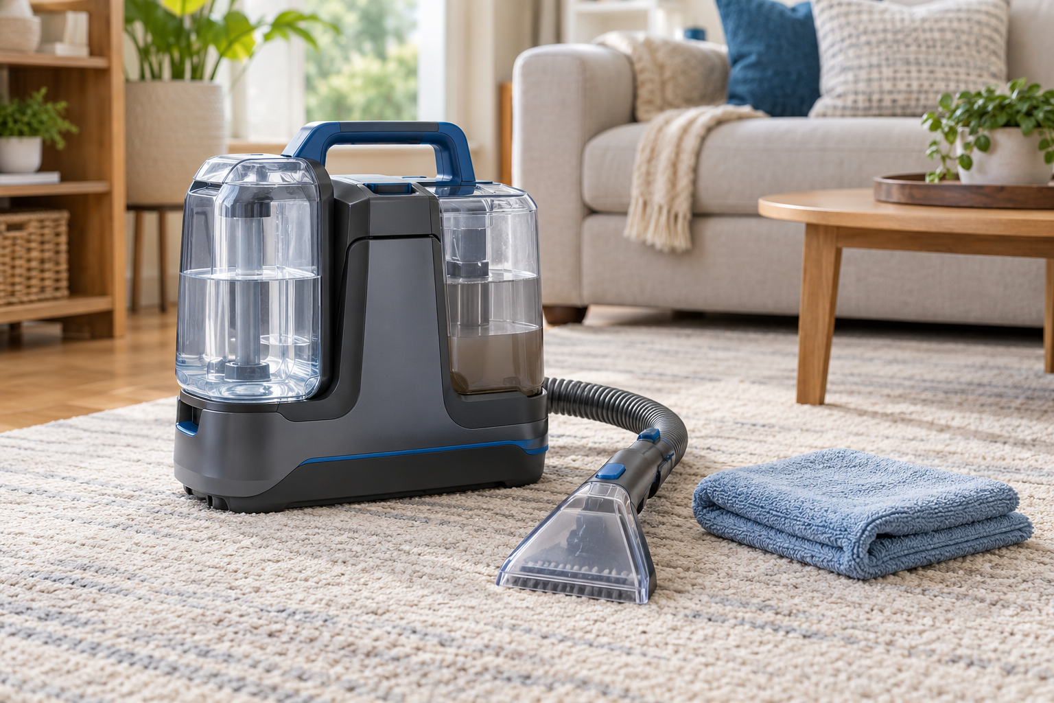 Unbranded compact portable carpet spot cleaner with separate clean-water and recovery tanks, a hose, extraction tool, and folded towels arranged on a low-pile rug