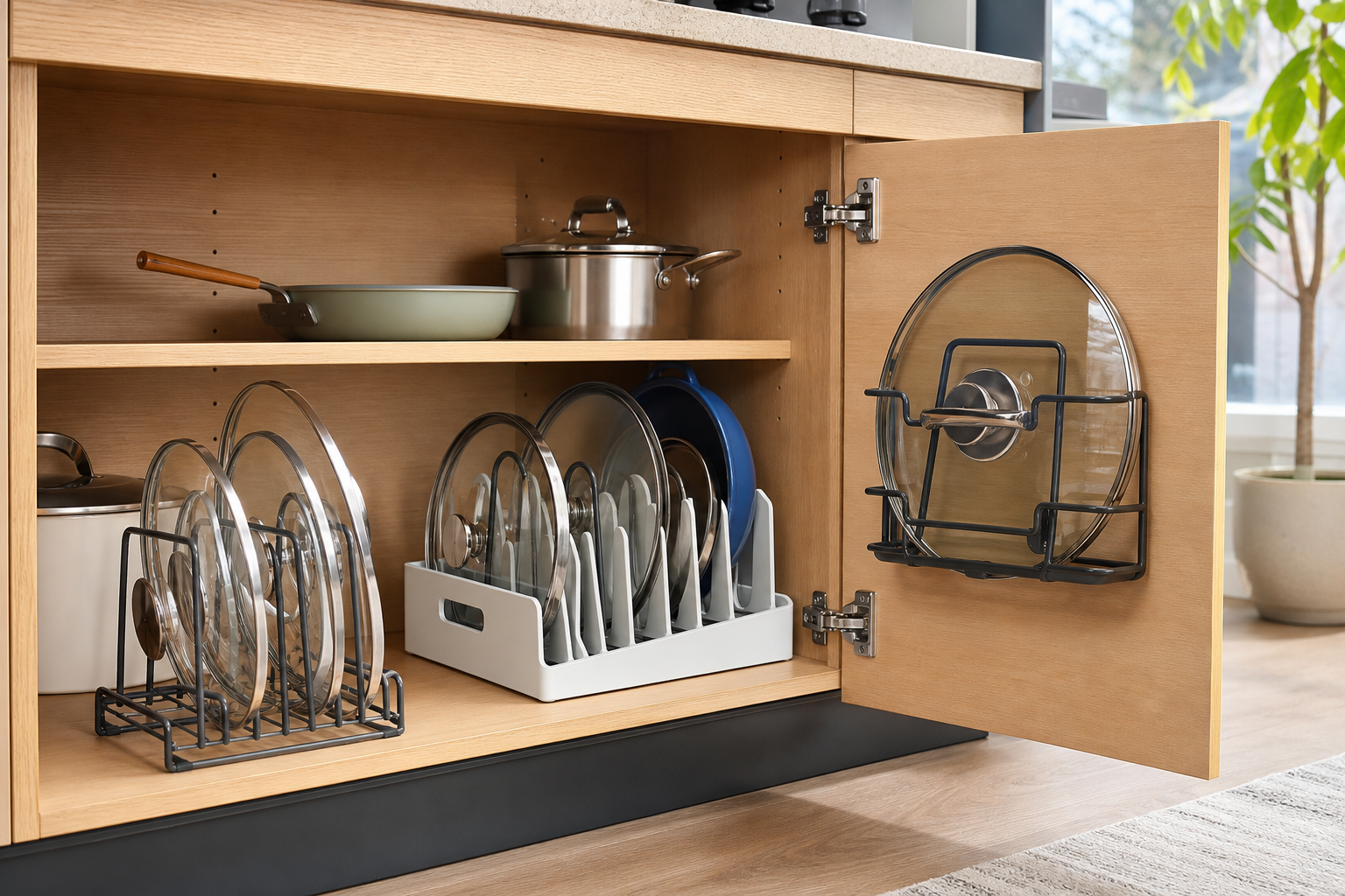 Vertical racks and a cabinet-door holder organizing glass and metal pot lids in a small kitchen cabinet