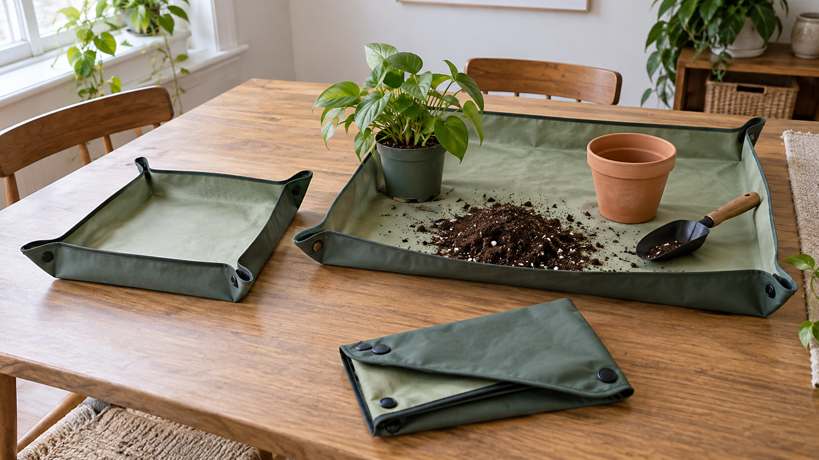 A compact raised-edge potting mat, a larger mat holding a houseplant and loose potting mix, and a folded mat on an apartment dining table