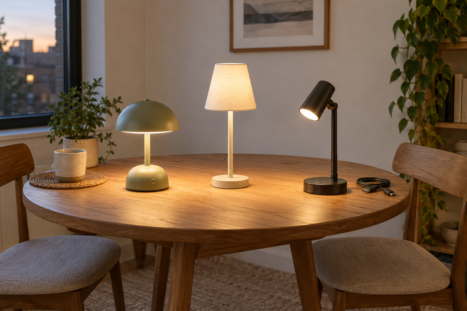 Three unbranded rechargeable table lamps with different shade and beam styles on a small round dining table, with a charging cable placed to one side