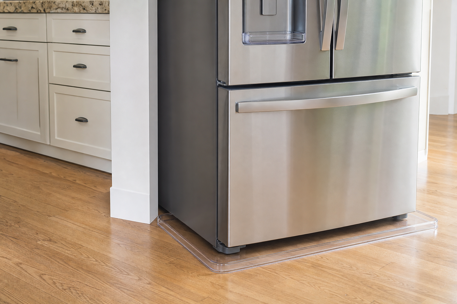 Clear low-lip floor protector fitted beneath an unbranded stainless-steel refrigerator on a wood kitchen floor