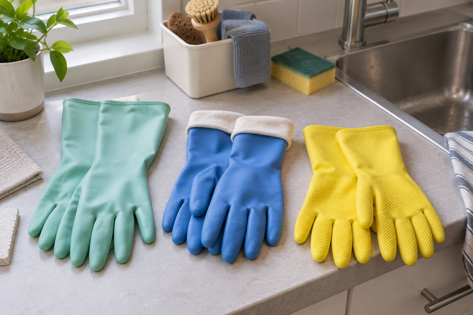 Three pairs of unbranded reusable household cleaning gloves with long, lined, and textured-grip formats beside a kitchen sink