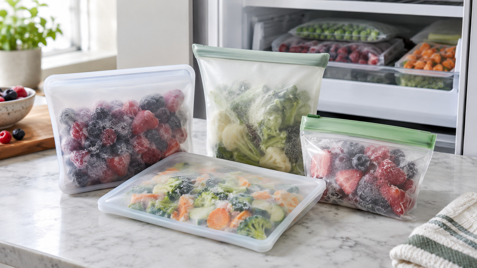 Several reusable food storage bag formats filled with frozen fruit and vegetables beside a compact freezer