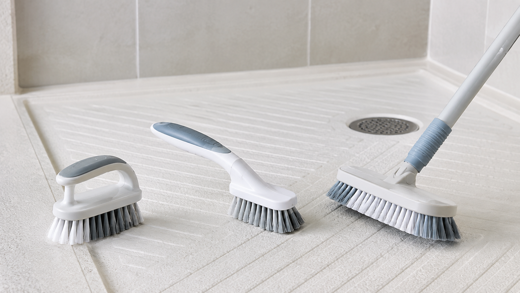 Three unbranded scrub-brush formats—a palm brush, angled hand brush, and long-handled floor brush—on a light textured shower pan