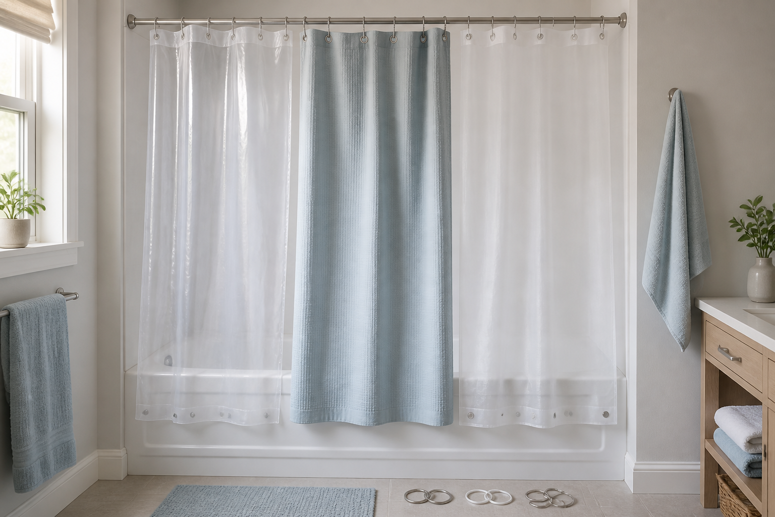 Compact white tub shower displaying clear PEVA-style, blue washable fabric, and weighted translucent shower curtain liner sections