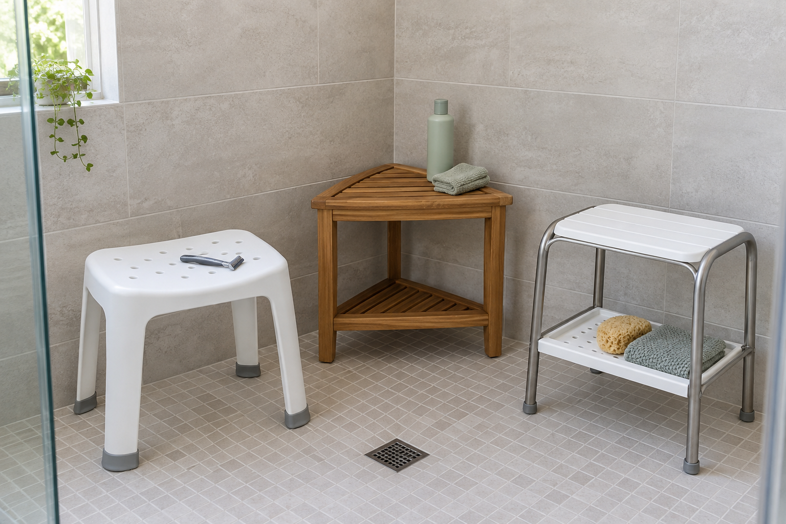 Three freestanding shower stool formats—a molded plastic stool, slatted corner stool, and metal-frame stool with a lower shelf—on a tiled shower floor