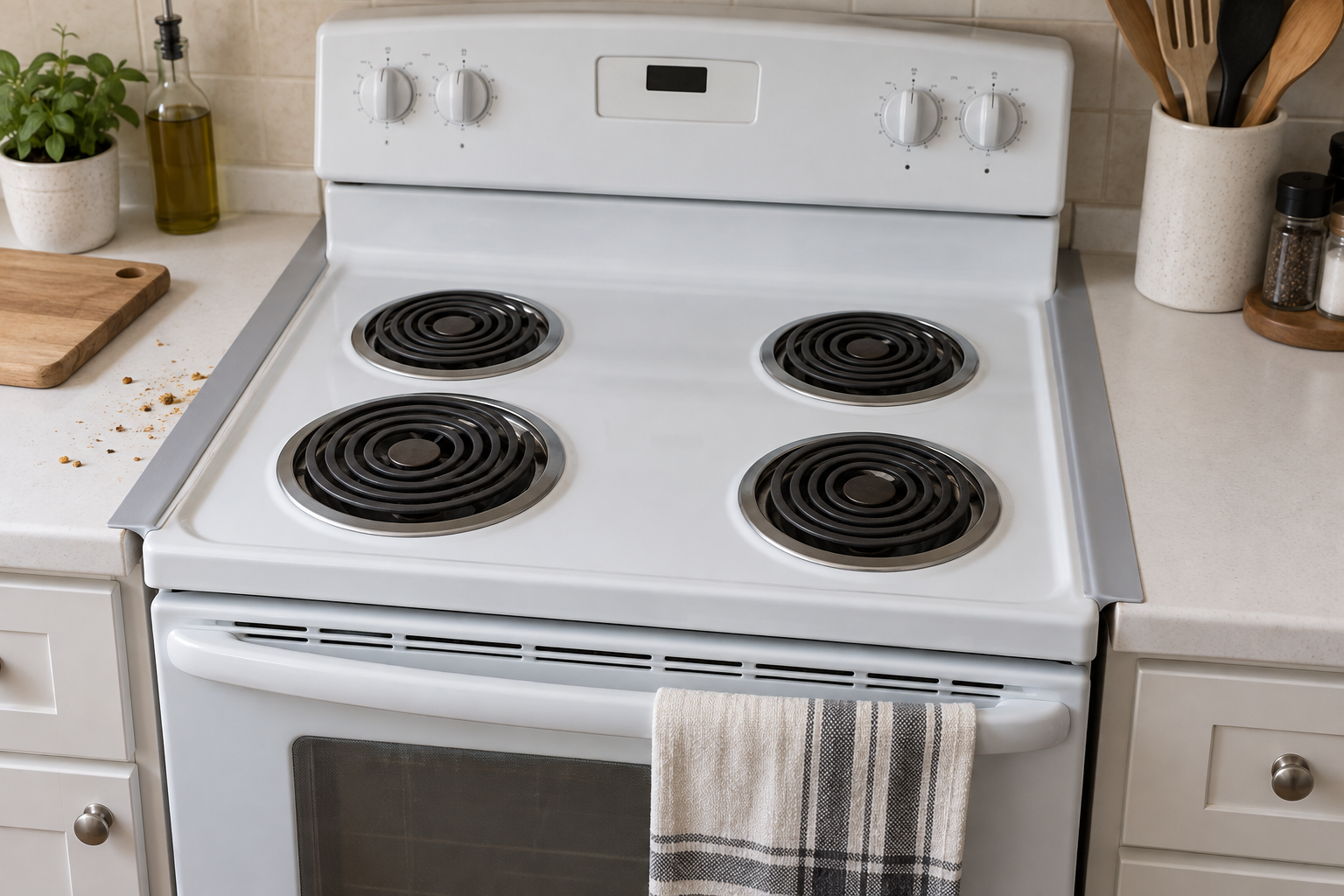 Gray silicone gap covers bridging both seams between a white electric range and rental-kitchen counters