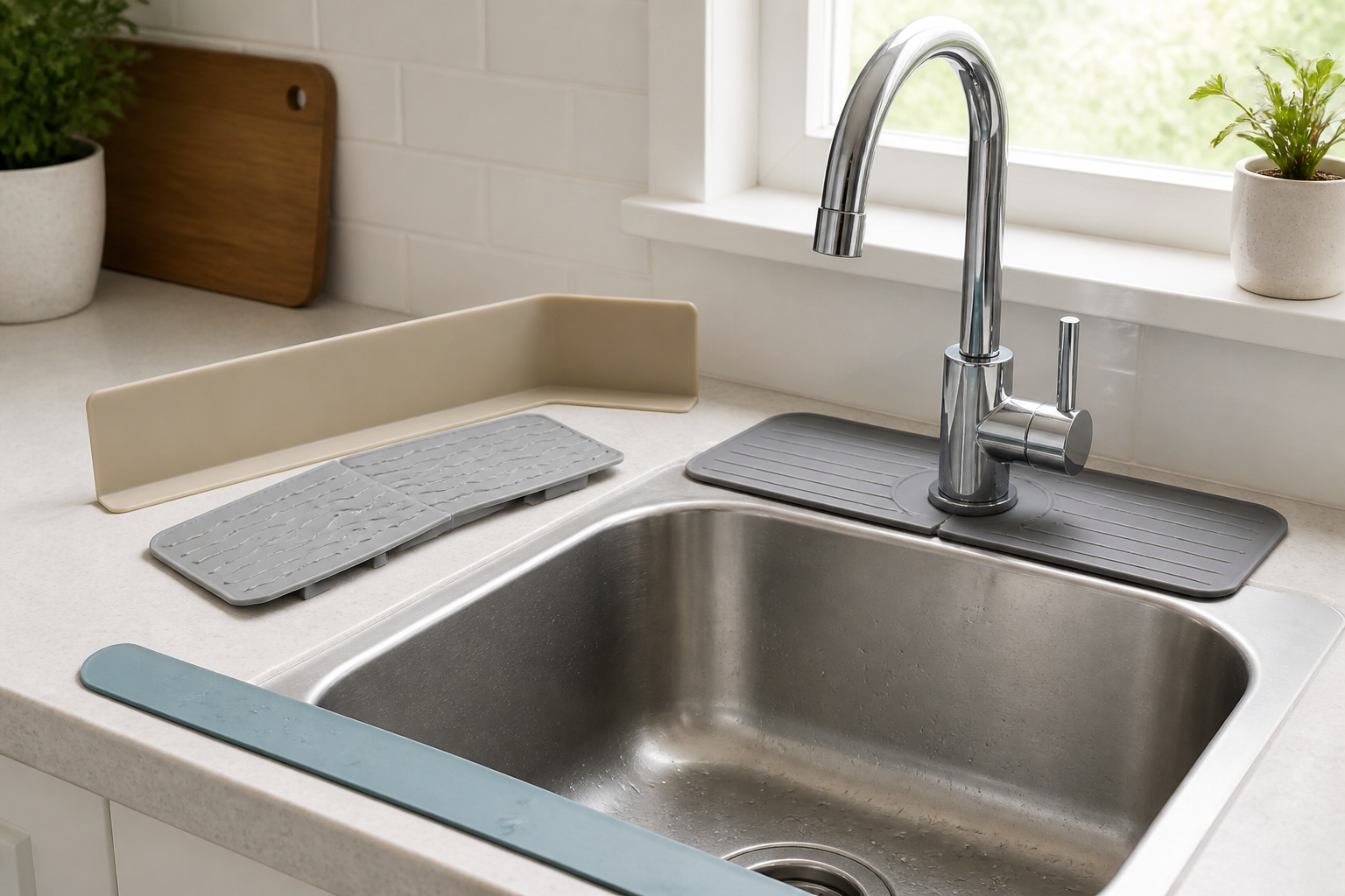 Unbranded silicone faucet mats and removable sink-edge splash guards arranged around a stainless-steel kitchen sink