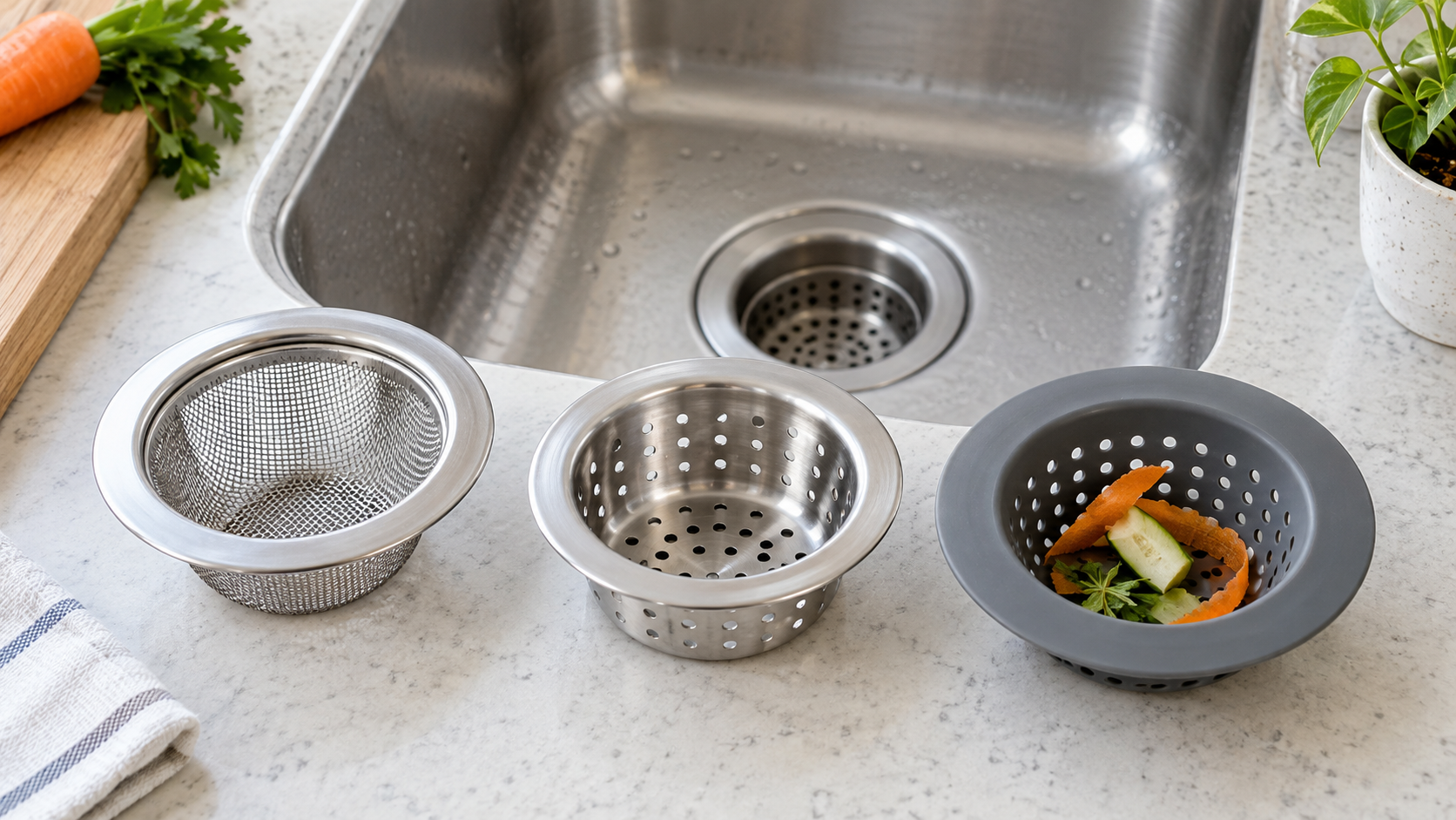 Three unbranded removable kitchen sink strainers—a fine-mesh basket, perforated stainless-steel basket, and flexible gray strainer—compared beside a stainless-steel sink