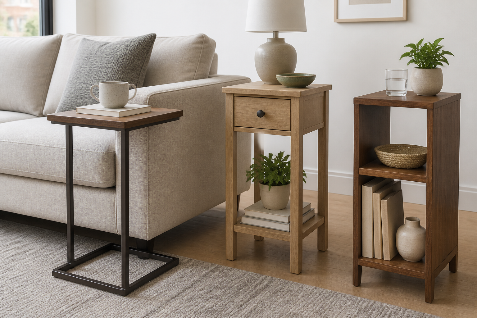 Unbranded slim C-table, drawer side table, and open-shelf side table arranged beside a sofa in a small living room