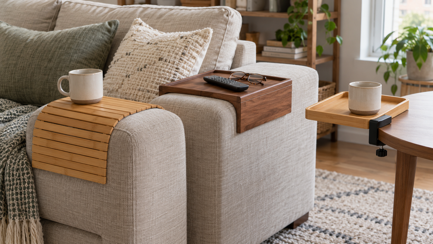 Flexible bamboo tray wrapped over a rounded sofa arm, rigid wood tray on a broad flat arm, and clamp-style tray beside a neutral sofa