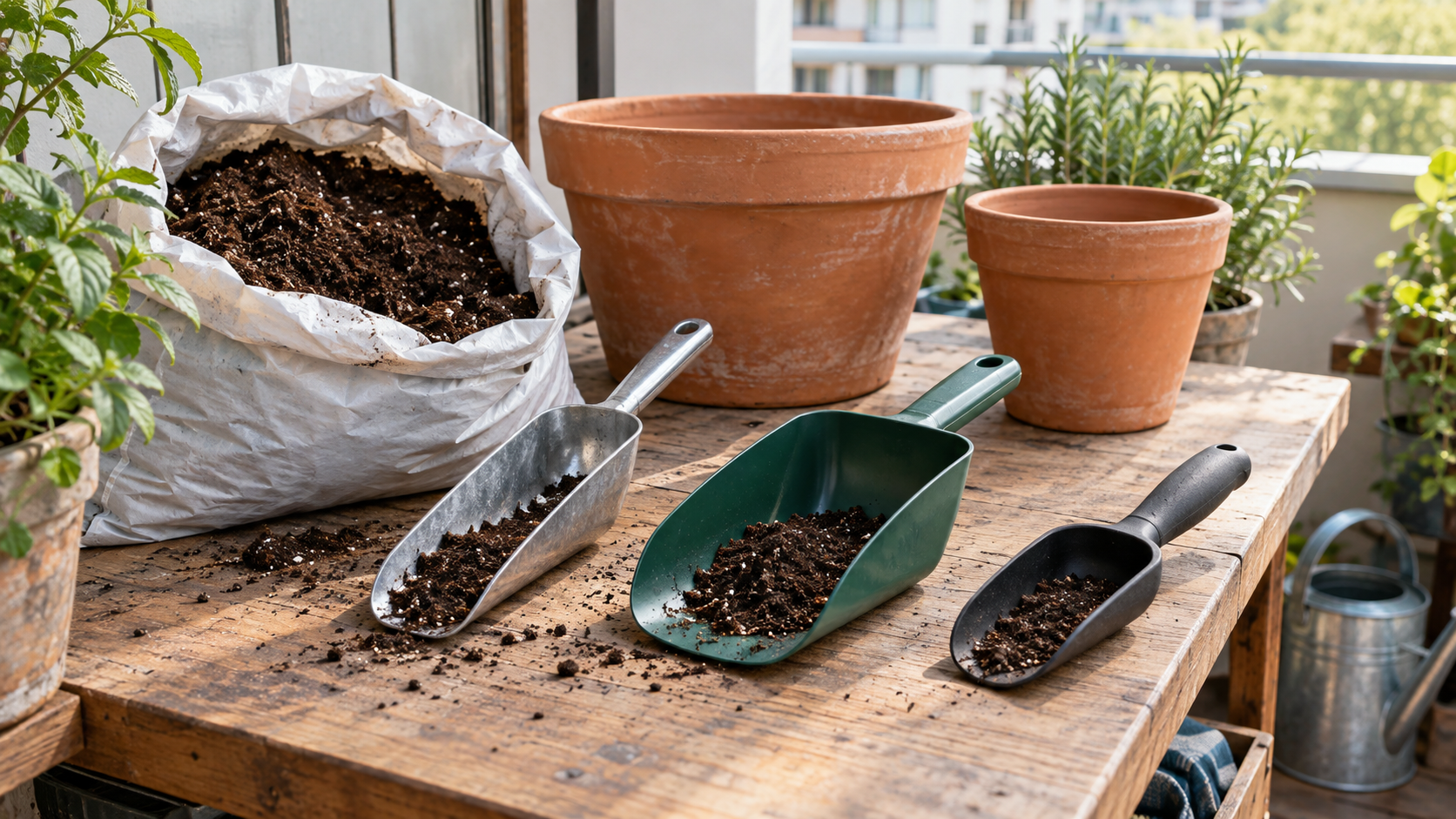 A narrow metal soil scoop, a wide green scoop, and a compact black scoop beside loose potting mix and two terracotta containers on a balcony potting bench