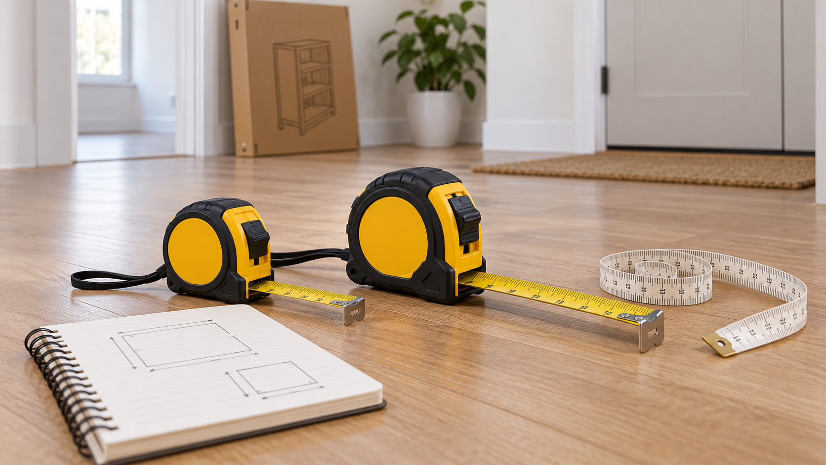 Compact and full-size retractable tape measures beside a flexible measuring tape and measurement notebook on an apartment floor