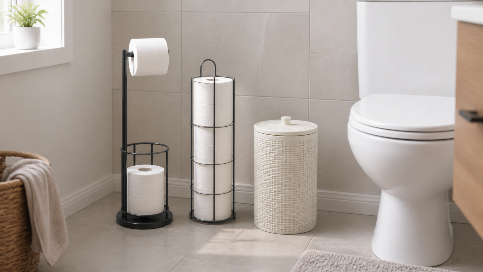 A freestanding dispenser, slim reserve-roll tower, and lidded toilet paper canister compared beside a toilet in a small bathroom