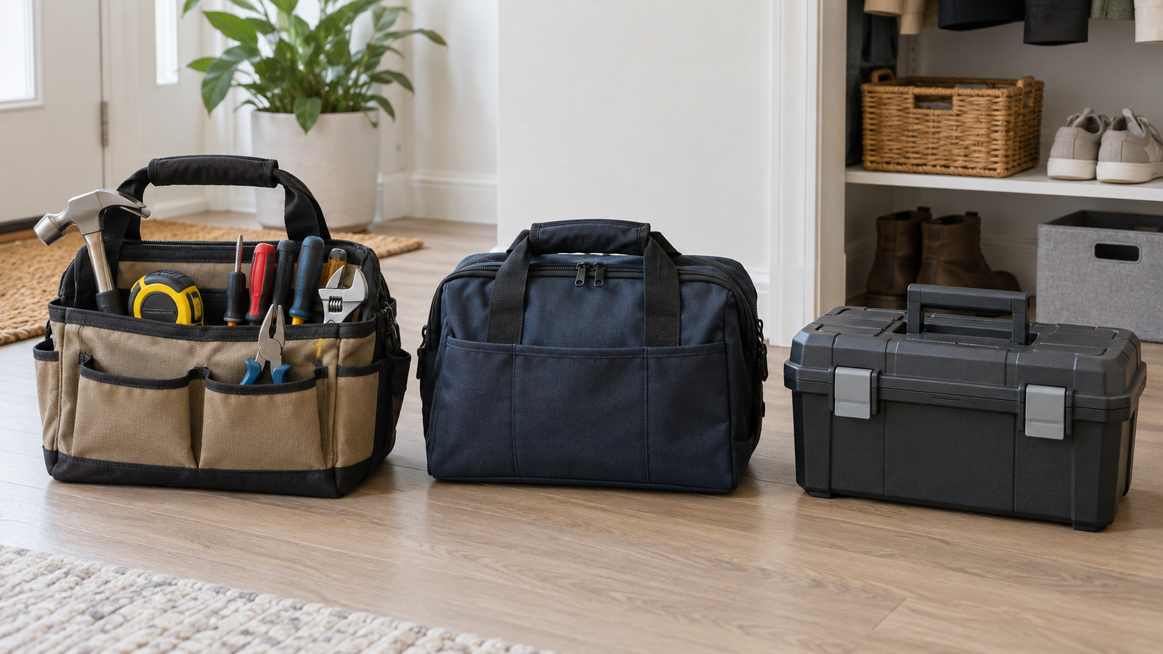 Open soft tool tote, closed zippered tool bag, and small rigid toolbox compared on a clean apartment floor
