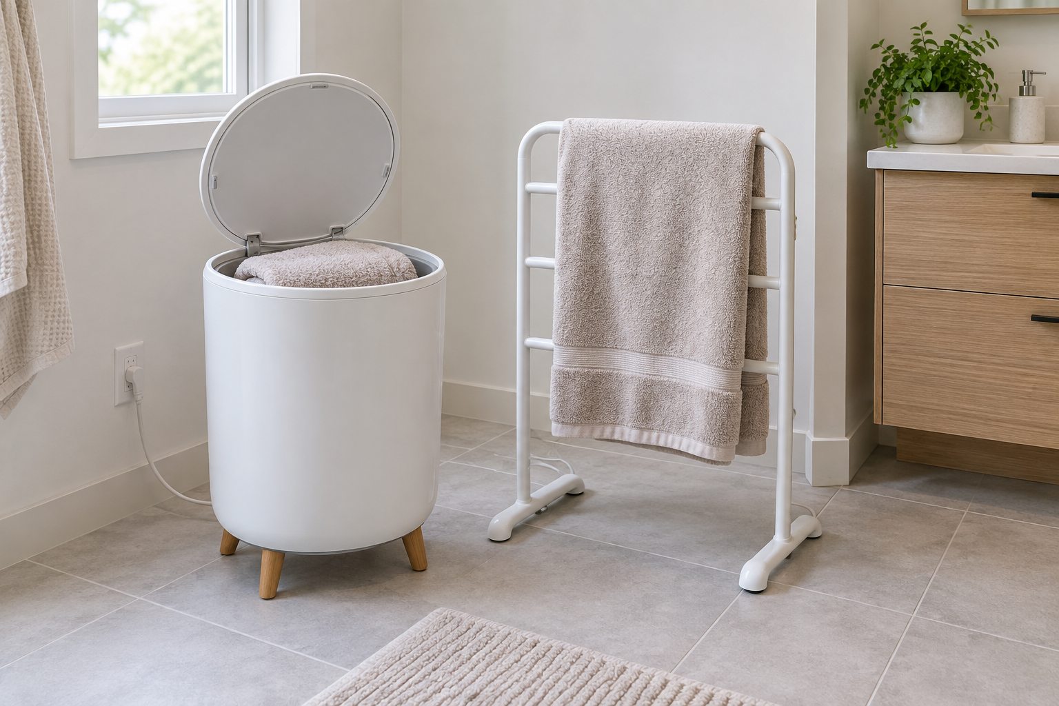 White bucket-style towel warmer and freestanding rack towel warmer with beige towels on a dry floor in a compact bathroom