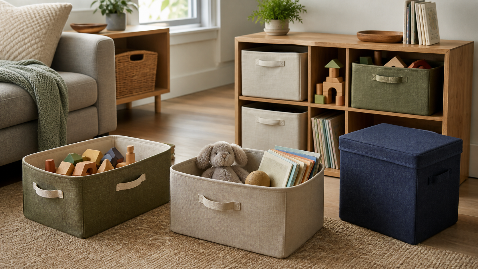 Open fabric toy bins, a lidded cube, and a low cubby organizer arranged in a small shared living room