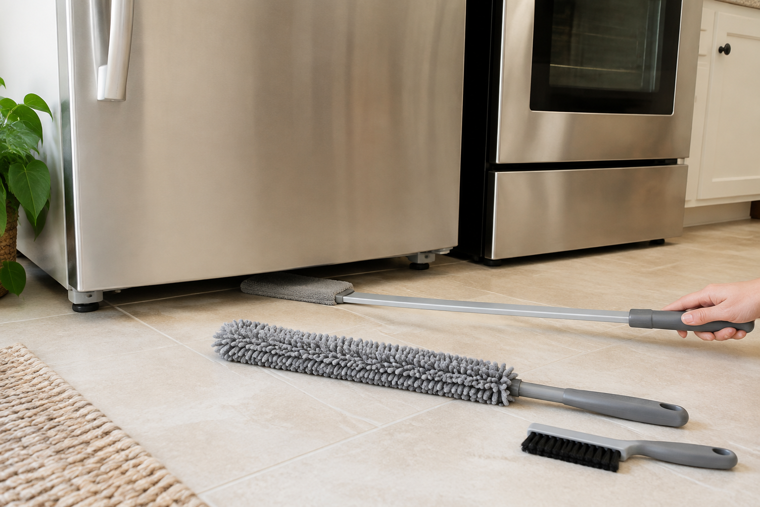 Low-profile microfiber cleaning wands and a narrow brush beside the gap beneath a kitchen refrigerator and range