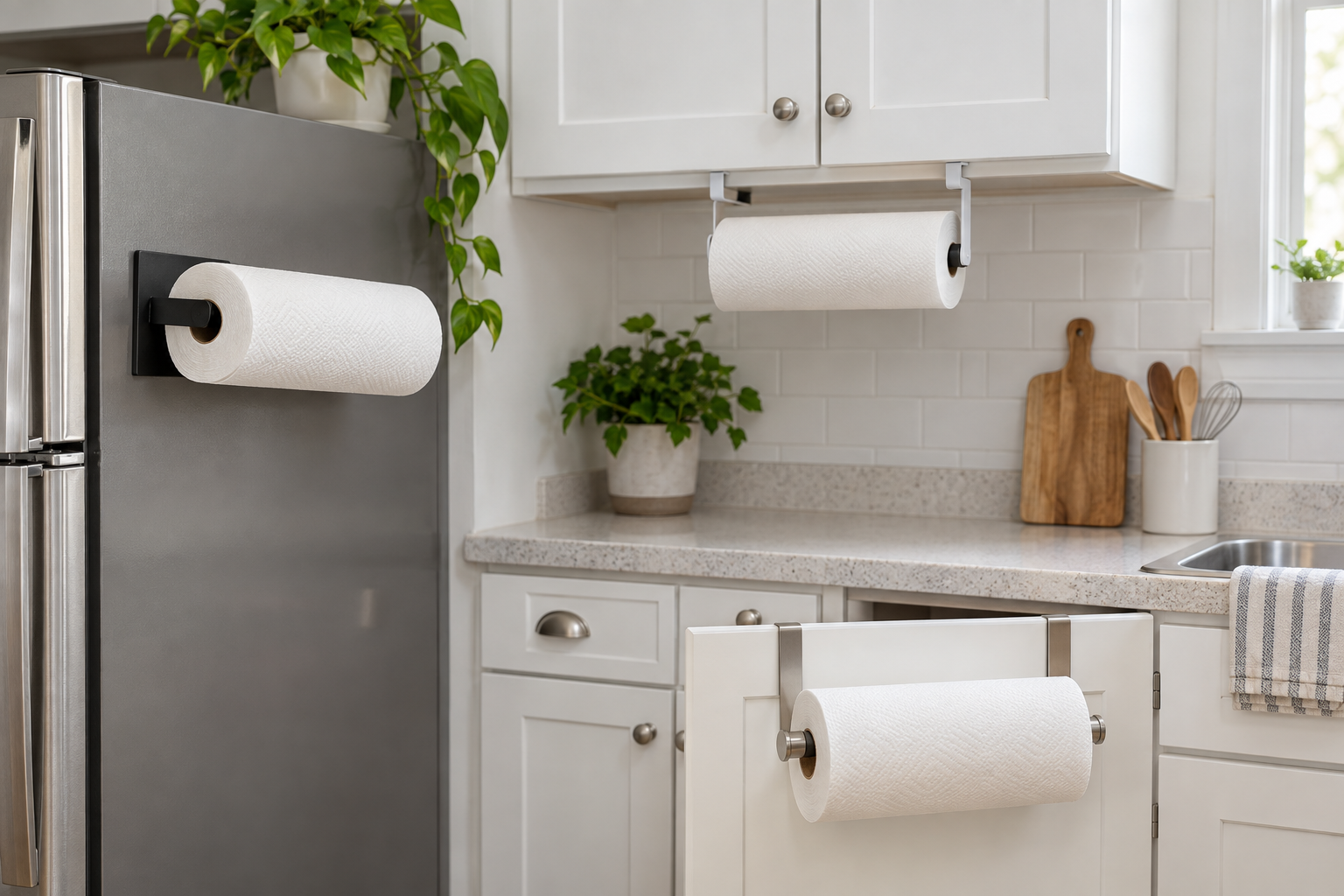 Clamp-on holder under an upper cabinet, magnetic holder on a refrigerator, and over-door holder on a lower cabinet in a compact rental kitchen