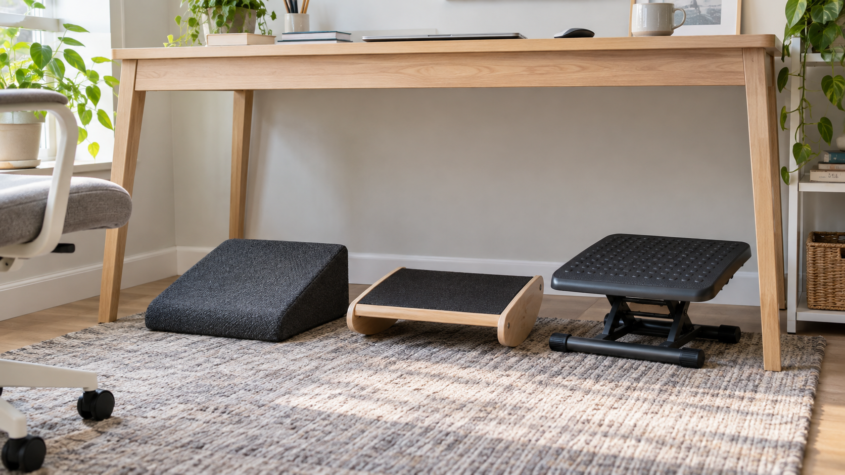 Foam wedge, wood rocking platform, and adjustable black footrest arranged beneath a compact home-office desk