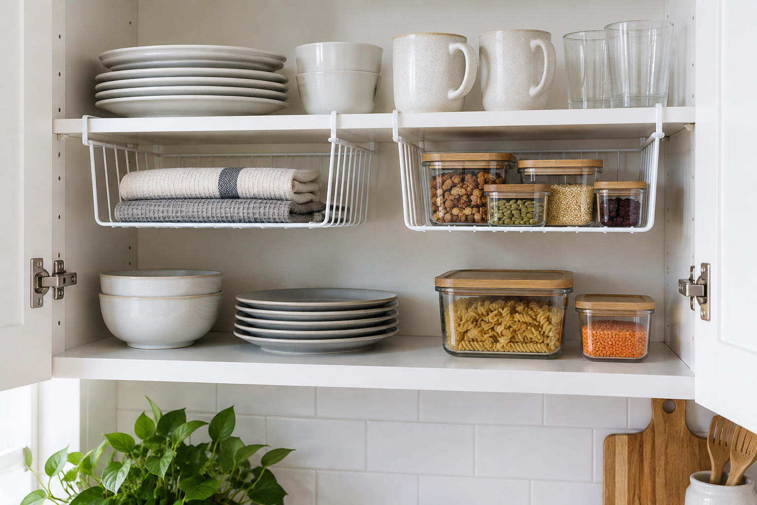 Two white wire under-shelf baskets holding folded towels and pantry containers beneath a shelf in an open white kitchen cabinet