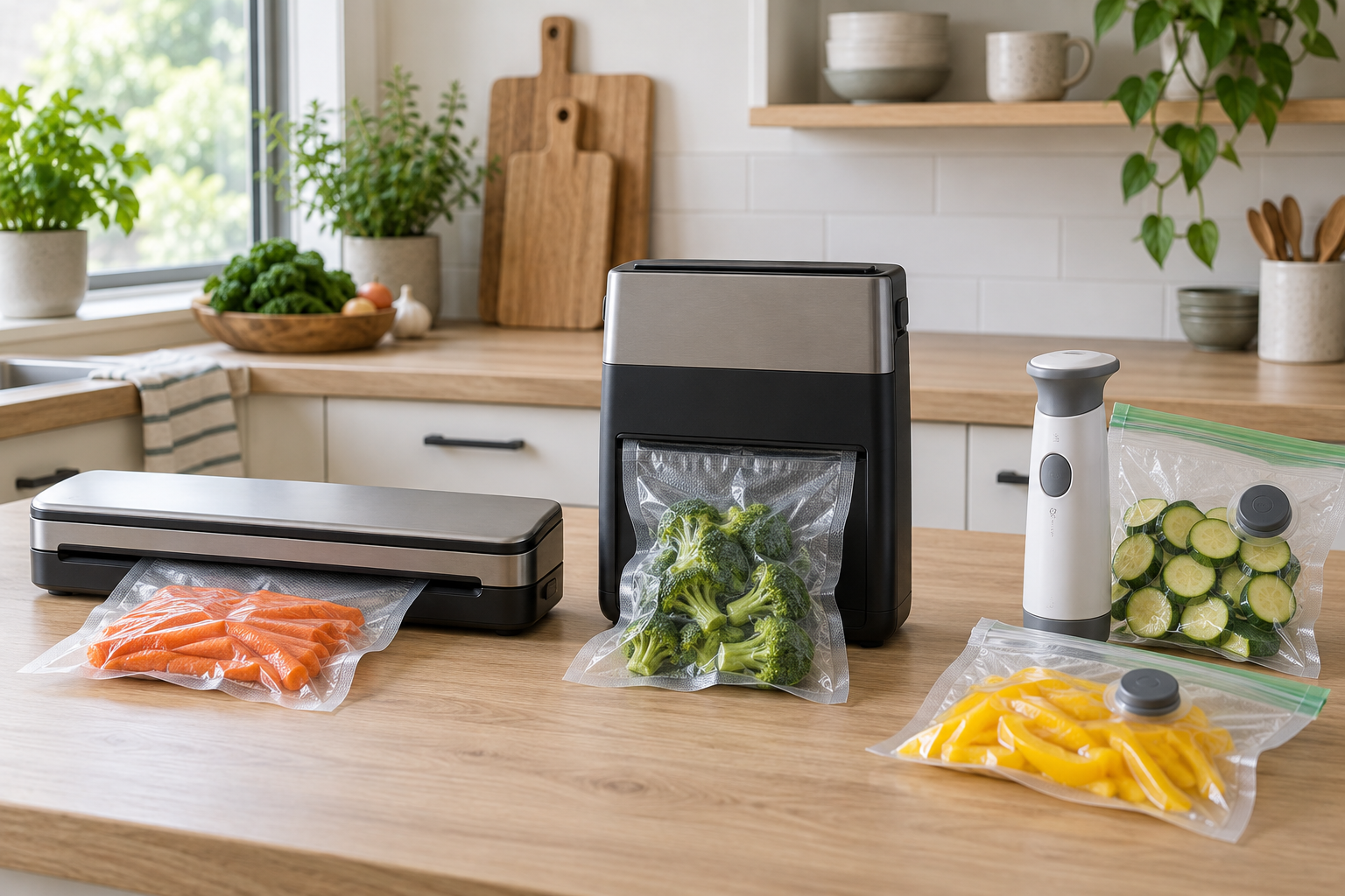 Low-profile external vacuum sealer, compact upright sealer, and handheld vacuum pump with compatible vegetable-filled bags on a bright small-kitchen counter