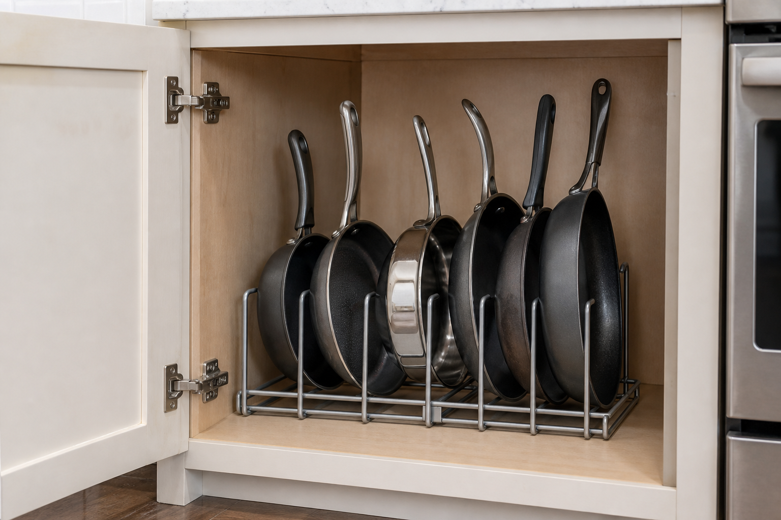 Several skillets stored upright in separate slots of a metal pan organizer inside a compact lower kitchen cabinet