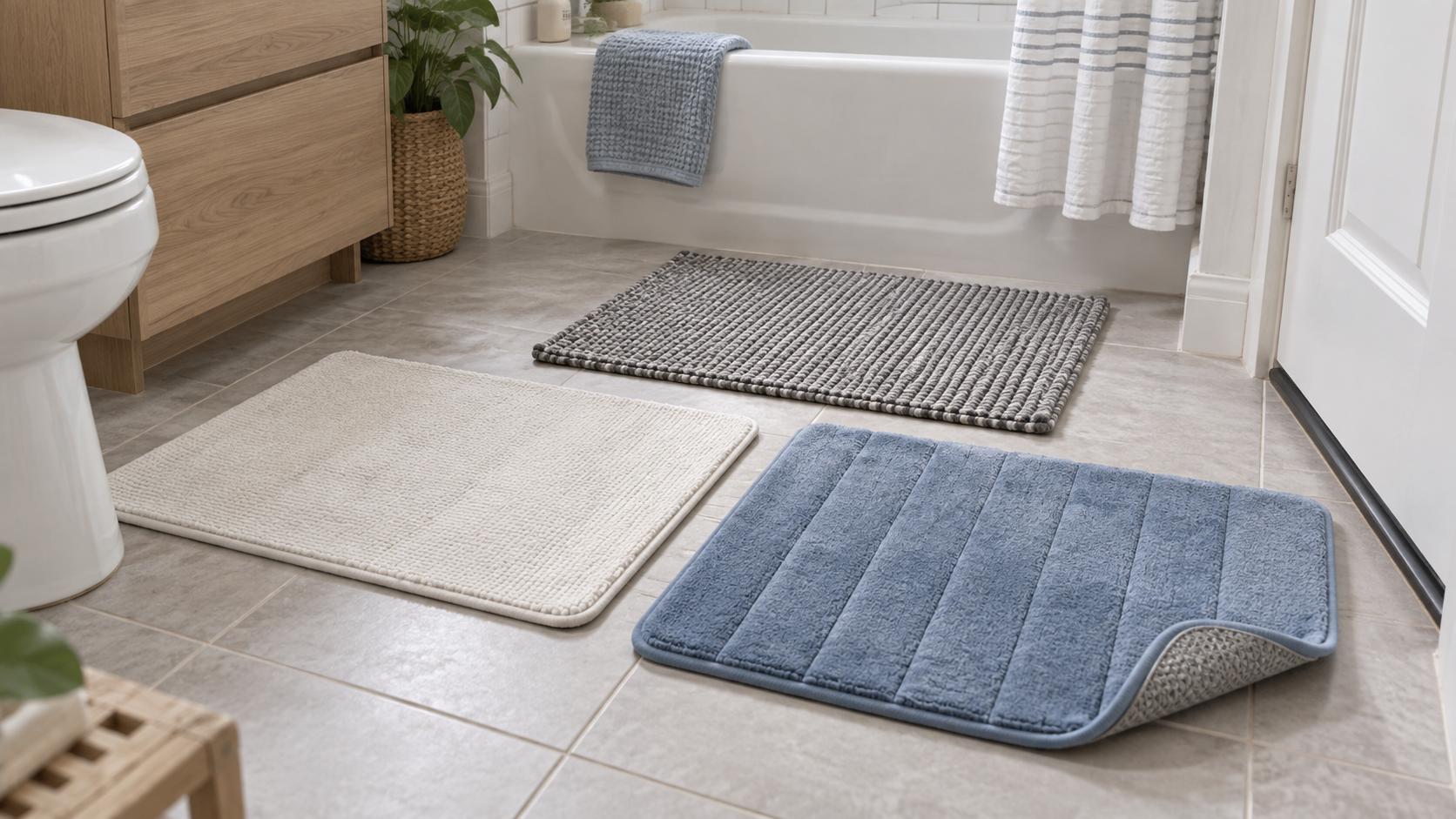 Three generic washable bath-mat formats arranged on tile in a compact bathroom, with the door sweep and a turned backing corner visible