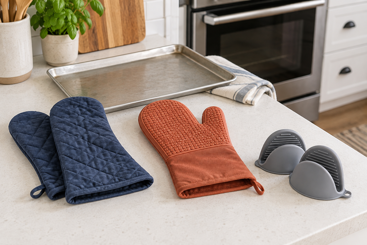 Quilted fabric, silicone-grip fabric, and compact silicone oven mitt formats arranged on a small kitchen counter