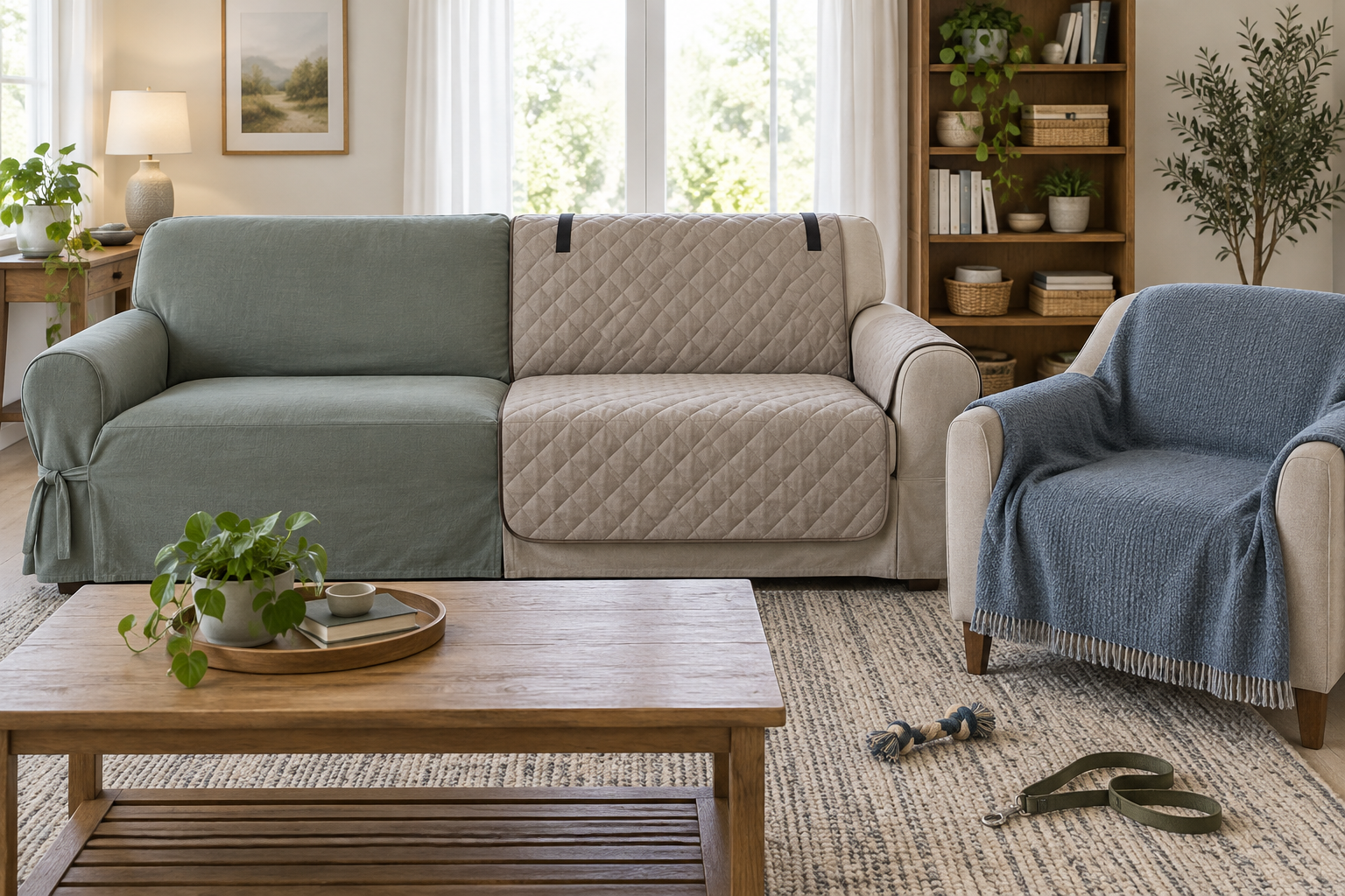 Fitted, quilted, and throw-style washable covers arranged across a neutral sofa and chair, with a leash and pet toy nearby