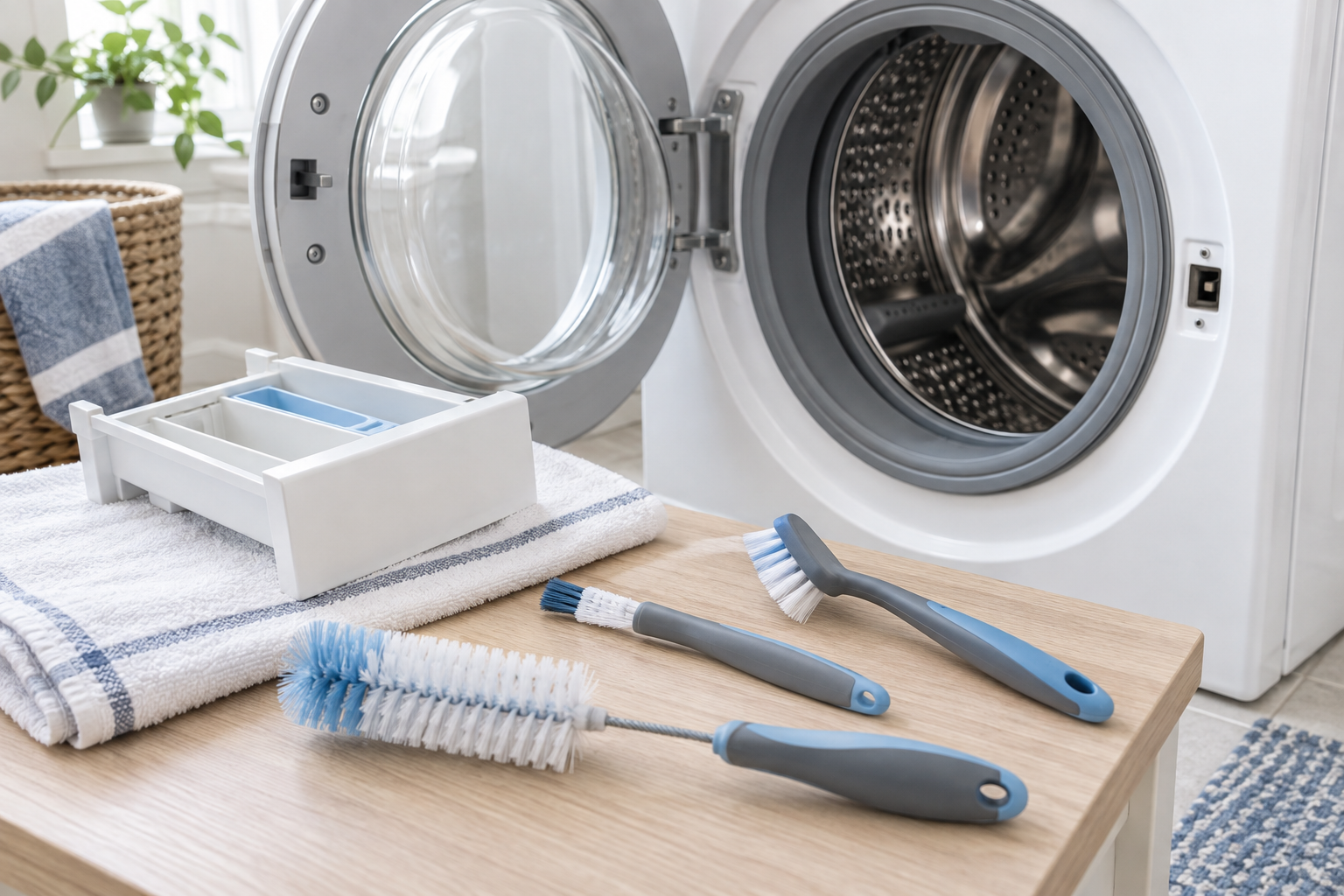 Three unbranded cleaning brushes beside an open front-loading washing machine and its removable detergent drawer