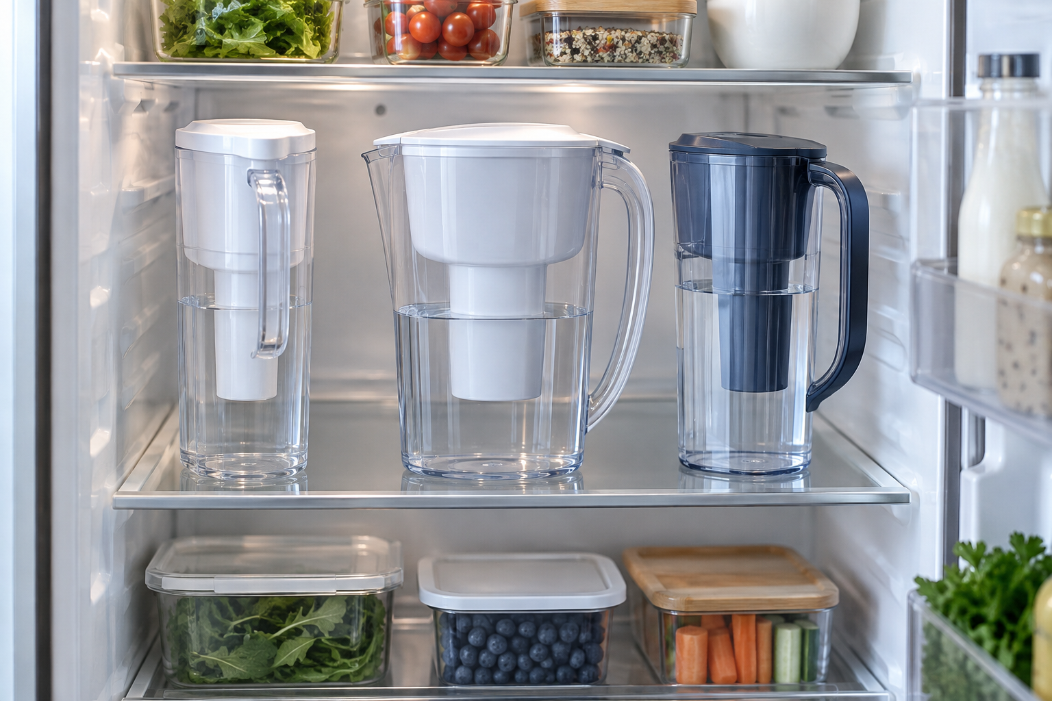 Three unbranded slim water filter pitcher formats arranged on a narrow refrigerator shelf to compare width, height, and handle clearance