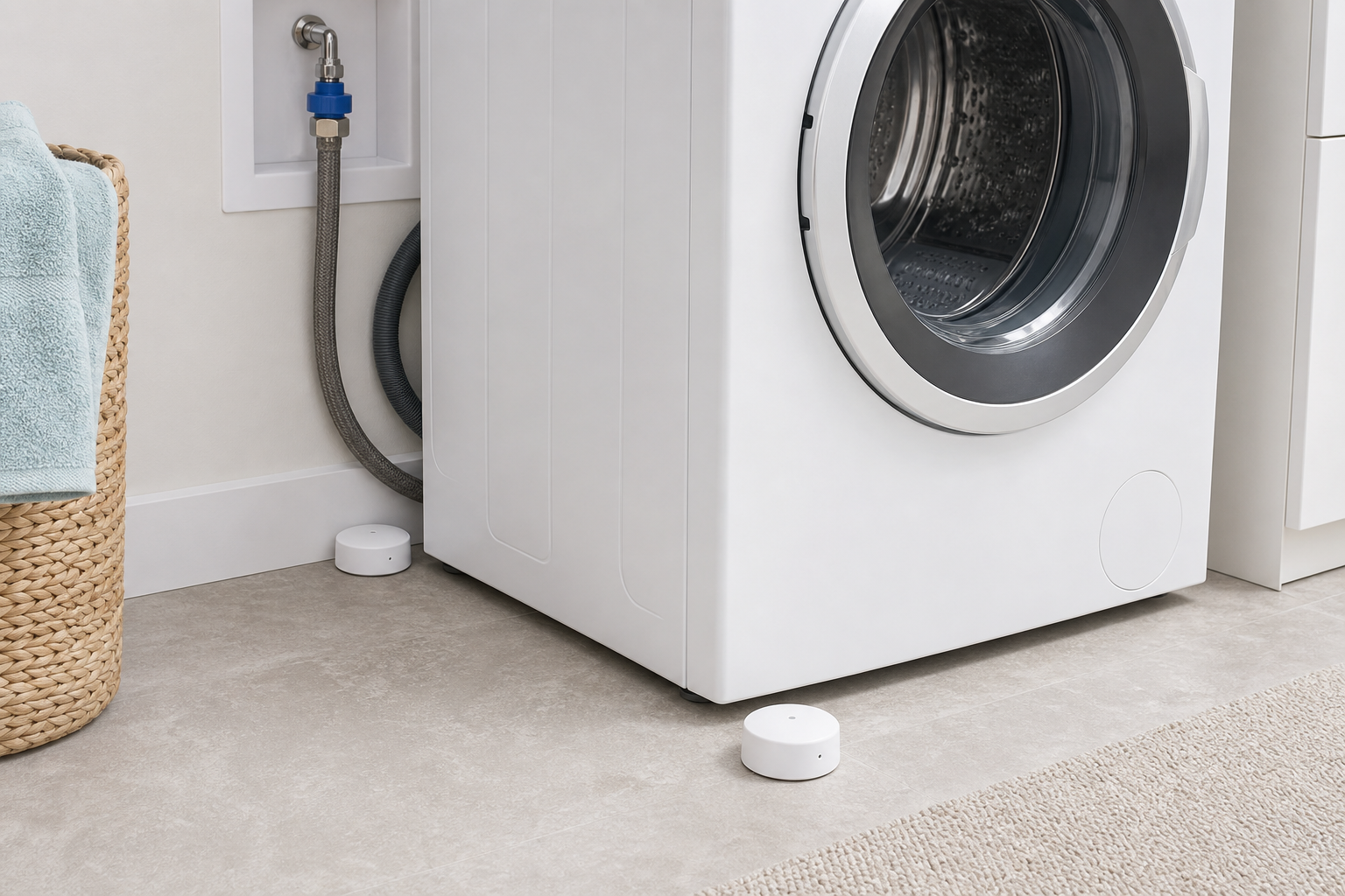 Two compact water leak detector pucks placed beside a front-loading washing machine, including one near the supply hose
