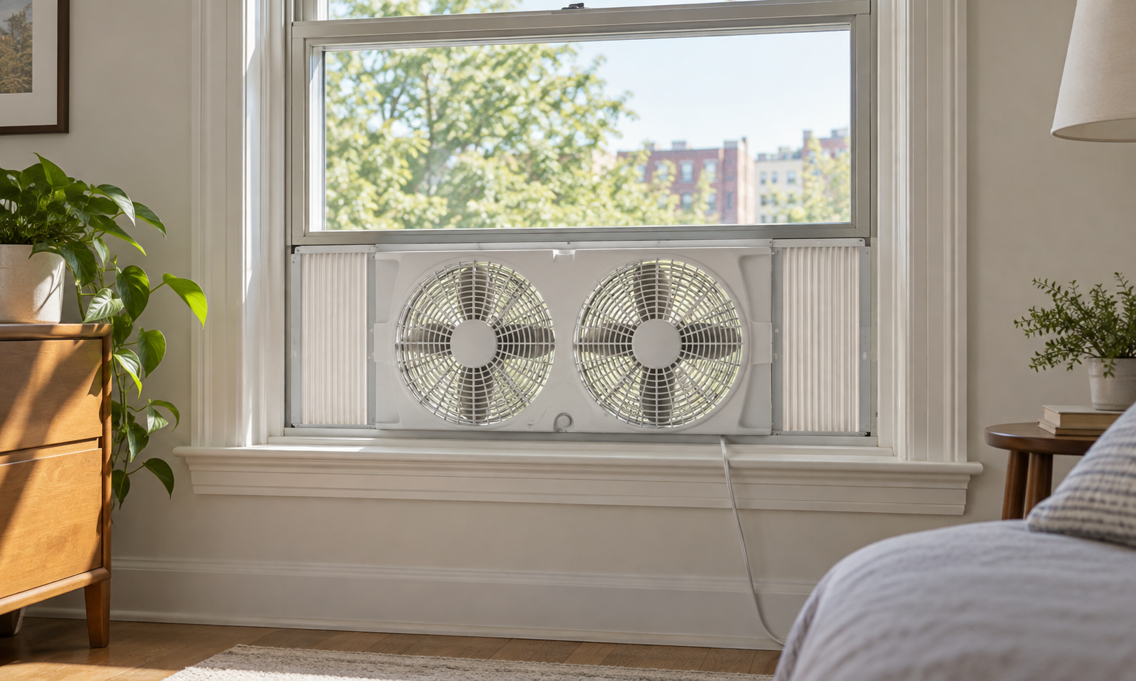 White twin window fan fitted in the lower opening of a double-hung apartment window with side extender panels and a visible power cord